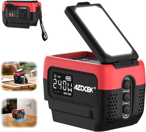 Azocek 240 واط عاكس الطاقة موجة جيبية نقية متوافق مع بطارية ديوالت 20 فولت (بدون بطارية)، شاحن سريع 7 أمبير، محطة طاقة محمولة مع منافذ تيار متردد 120 فولت، USB-C (140 واط)، 2 منافذ USB QC (18 واط)، 600LM LED in Kuwait