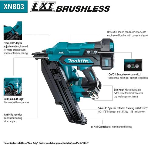 ماكيتا XNB03M1 18V LXT® ليثيوم أيون بدون فرش لاسلكي 21 درجة رأس مستدير كامل 3-1 / 2 "طقم مسامير تأطير (4.0Ah) in Kuwait