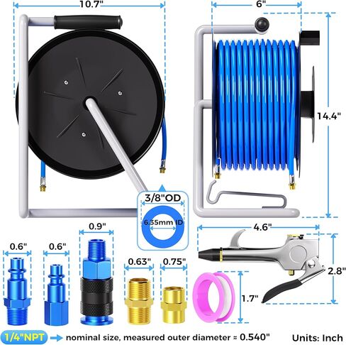 بكرة خرطوم هواء TAILONZ PNEUMATIC مقاس 3/8 بوصة × 65 قدمًا، خرطوم صنفرة مطلي بالبكسل مع خيوط NPT 1/4 بوصة، مجموعة أنابيب الهواء، خرطوم خط أنابيب الهواء بحد أقصى 160 رطل لكل بوصة مربعة in Kuwait