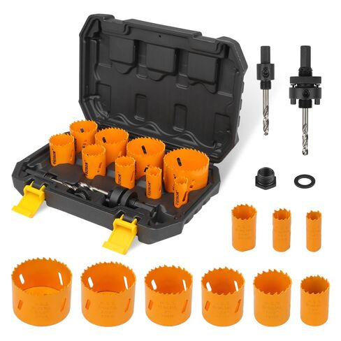Hoteche 12-Piece Bimetal Hole Saw Kit, M3 Material with 9 Sizes (19-64MM), 2 Mandrels & Adapter Nut, Color Box + Plastic Case in Kuwait