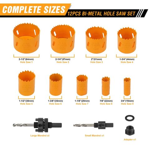 Hoteche 12-Piece Bimetal Hole Saw Kit, M3 Material with 9 Sizes (19-64MM), 2 Mandrels & Adapter Nut, Color Box + Plastic Case in Kuwait
