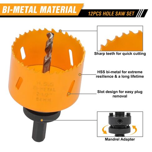 Hoteche 12-Piece Bimetal Hole Saw Kit, M3 Material with 9 Sizes (19-64MM), 2 Mandrels & Adapter Nut, Color Box + Plastic Case in Kuwait