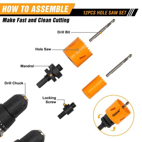 Hoteche 12-Piece Bimetal Hole Saw Kit, M3 Material with 9 Sizes (19-64MM), 2 Mandrels & Adapter Nut, Color Box + Plastic Case in Kuwait