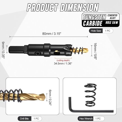 How Saw Kit, 5/8"(16mm) Cutting Diameter Hole Cutter, Tungsten Carbide Cemented Alloy - for Thick Hard Metal, Stainless Steel, Copper, Aluminum. Black in Kuwait