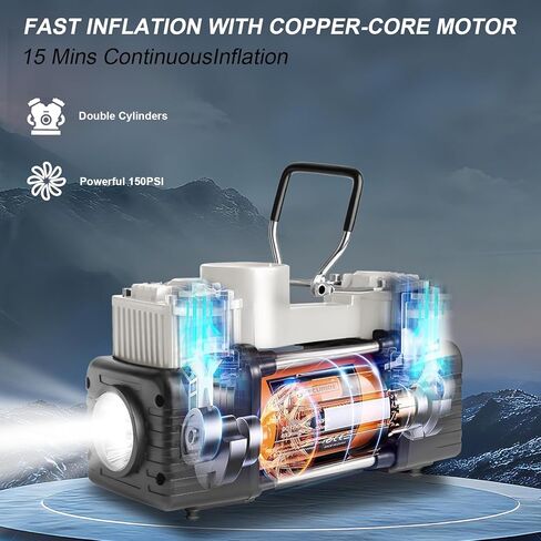 Silver Tire Inflator Portable Air Compressor, Heavy Duty Double Cylinders Auto Pump, 12V Portable Air Compressor Pump with Emergency LED Light - 150PSI Tire Pump, Apply to Car, SUV, RV in Saudi Arabia