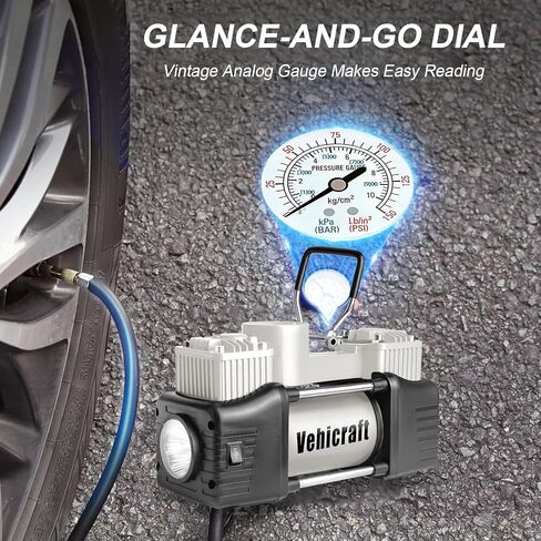 Silver Tire Inflator Portable Air Compressor, Heavy Duty Double Cylinders Auto Pump, 12V Portable Air Compressor Pump with Emergency LED Light - 150PSI Tire Pump, Apply to Car, SUV, RV in Saudi Arabia