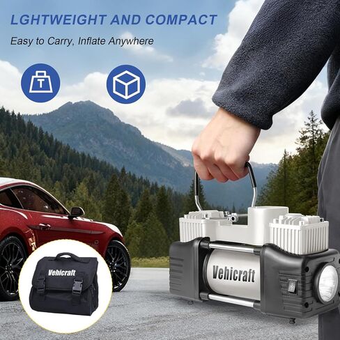 Silver Tire Inflator Portable Air Compressor, Heavy Duty Double Cylinders Auto Pump, 12V Portable Air Compressor Pump with Emergency LED Light - 150PSI Tire Pump, Apply to Car, SUV, RV in Saudi Arabia