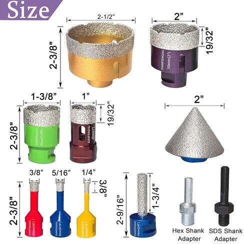 Diamond Core Drill Bits Set 1/4"~2-1/2"+3/8" Finger Milling Bit + 2" Diamond Beveling Chamfer Bit + Adapter Vacuum Brazed Drill Bit for Porcelain Tile Ceramic Granite Stone Marble in Saudi Arabia
