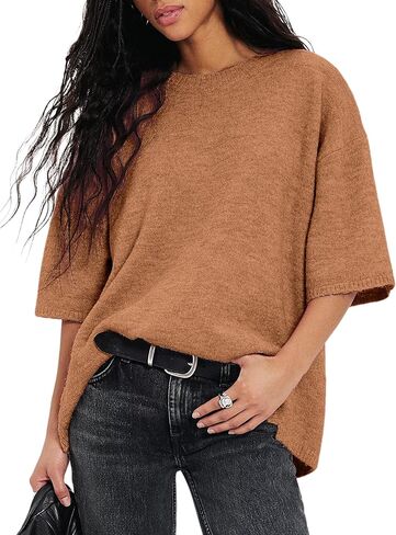 Yeokou Women Sweater Tee Casual Crewneck Short Sleeve Pullover Top Ribbed Knit Loose Shirt in Saudi Arabia