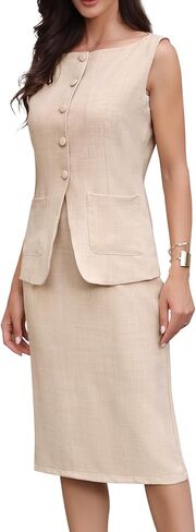 Allegra K 2 Piece Skirt Sets for Women's Linen Sleeveless Boat Neck Button Down Blazer and Pencil Skirt Business Suits in Saudi Arabia