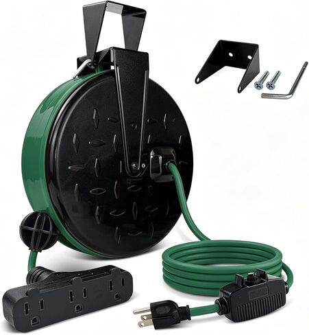 EP 30 Ft Retractable Extension Cord Reel, 16/3 SJTW Power Cord with 3 Electrical Outlets, Ceiling or Wall Mount, 10 Amp Circuit Breaker, Metal Plate, UL Listed, Gray in Saudi Arabia