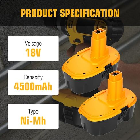 2 حزمة 4.5Ah Ni-Mh DC9096 بطارية بديلة لبطارية Dewalt 18V DC9098 DC9099 DW9095 DW9096 DW9098 DW9099 DE9039 DE9095 DE9096 DE9098 DE9503 (أصفر) in Kuwait
