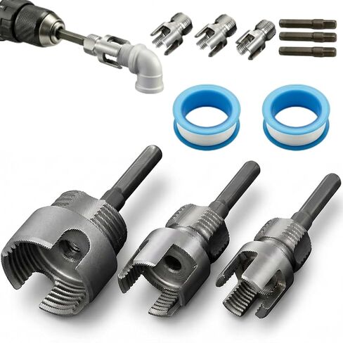 3PCS PVC Pipe Threader Kit, Integrated Internal & External Pipe Threading Tool for 1/2", 3/4" & 1" PVC/Plastic Pipes, PVC Threader for Drill, 4 in 1 Water Pipe Thread Cutting Tool with 2 PTFE Tapes in Kuwait