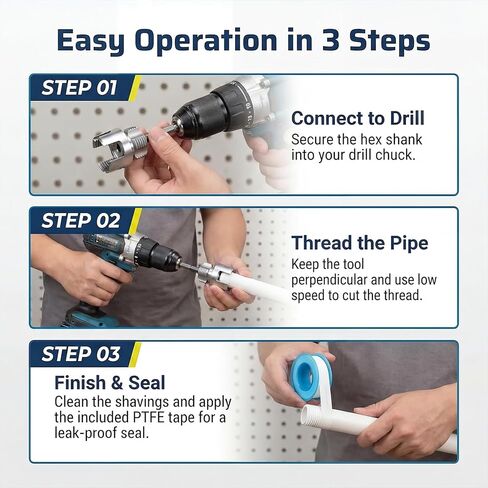 3PCS PVC Pipe Threader Kit, Integrated Internal & External Pipe Threading Tool for 1/2", 3/4" & 1" PVC/Plastic Pipes, PVC Threader for Drill, 4 in 1 Water Pipe Thread Cutting Tool with 2 PTFE Tapes in Kuwait