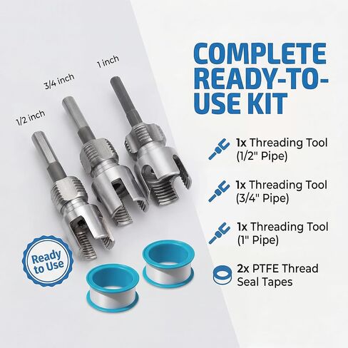 3PCS PVC Pipe Threader Kit, Integrated Internal & External Pipe Threading Tool for 1/2", 3/4" & 1" PVC/Plastic Pipes, PVC Threader for Drill, 4 in 1 Water Pipe Thread Cutting Tool with 2 PTFE Tapes in Kuwait