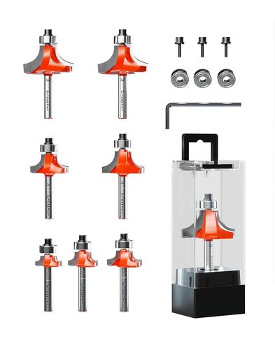 Crosstar 7 قطع لقمة توجيه دائرية ذات محمل علوي، 1/4 عرقوب، إدراجات كربيد، 2 قطعة توجيه دائرية بزاوية المزامير، لقمة توجيه لتشكيل الحافة، مع دليل تحمل أداة النجارة باستخدام الحاسب الآلي in Kuwait