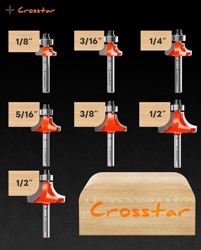 Crosstar 7 قطع لقمة توجيه دائرية ذات محمل علوي، 1/4 عرقوب، إدراجات كربيد، 2 قطعة توجيه دائرية بزاوية المزامير، لقمة توجيه لتشكيل الحافة، مع دليل تحمل أداة النجارة باستخدام الحاسب الآلي in Kuwait