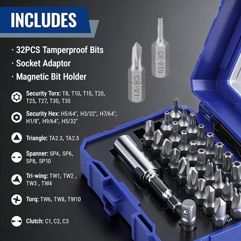 WORKPRO Security Bit Set, 32PCS Tamper Proof Screwdriver Set with Magnetic Holder, 1/4" Adapter,Torx Hex Tri-Wing Spanner Bits, Stackable Repair Tool Kit for Electronics, Automotive & Appliance Repair in Kuwait