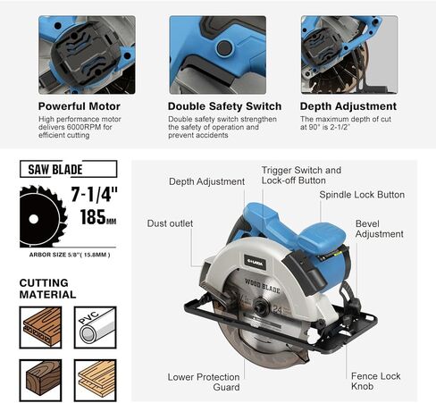 11A Circular Saw Corded, 6000RPM Electric Circular Saw with Laser Guide, Adjustable Cutting Depth 2-1/2" (90°) to 1-7/8" (45°), 7-1/4" Blade, Carpentry Tool for Wood Plastic Precision Cutting in Kuwait