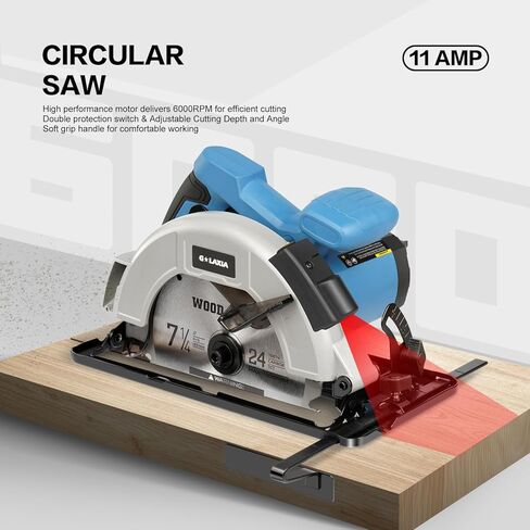 11A Circular Saw Corded, 6000RPM Electric Circular Saw with Laser Guide, Adjustable Cutting Depth 2-1/2" (90°) to 1-7/8" (45°), 7-1/4" Blade, Carpentry Tool for Wood Plastic Precision Cutting in Kuwait