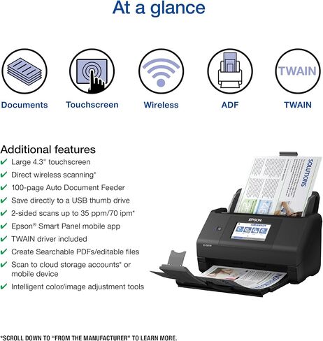 Epson Workforce ES-580W Wireless Color Duplex Desktop Document Scanner for PC and Mac with 100-sheet Auto Document Feeder (ADF) and Intuitive 4.3" Touchscreen in Saudi Arabia