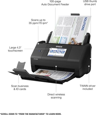 Epson Workforce ES-580W Wireless Color Duplex Desktop Document Scanner for PC and Mac with 100-sheet Auto Document Feeder (ADF) and Intuitive 4.3" Touchscreen in Saudi Arabia