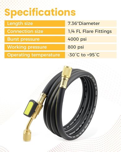 خرطوم التبريد 29806 بقطر 73.6 بوصة 1/4 مع صمام كروي مدمج مناسب للسترة الصفراء، لـ R410A R134A R1234yf، مع تركيبات مضيئة قياسية 1/4 بوصة in Kuwait
