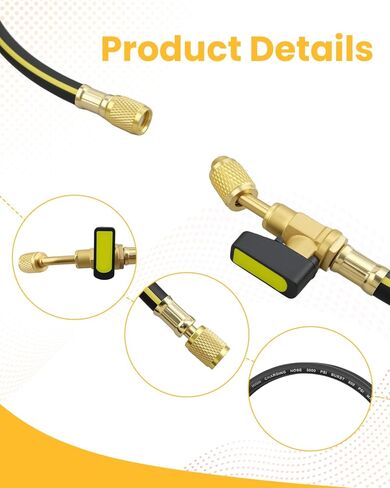 خرطوم التبريد 29806 بقطر 73.6 بوصة 1/4 مع صمام كروي مدمج مناسب للسترة الصفراء، لـ R410A R134A R1234yf، مع تركيبات مضيئة قياسية 1/4 بوصة in Kuwait