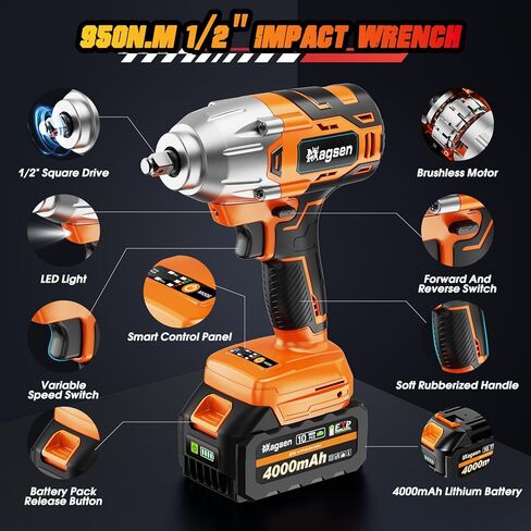 Cordless Impact Wrench 700 FT-LBS(950N.m) 1/2 Impact Gun High Torque Electric Impact Driver Cordless Impact Wrench with 21V 2x4.0Ah Battery 6 Sockets&Case for Home Car Tire Lug Nut Removal Tool in Kuwait