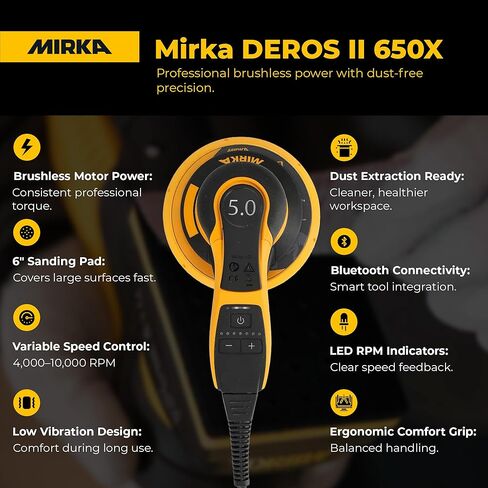 آلة صنفرة خالية من الغبار من Mirka DEROS II 650 مع حافظة، وخطاف وحلقة مقاس 6 بوصات - ماكينة سنفرة مدارية عشوائية مقاس 5.0 مم - أداة طاقة كهربائية 110 فولت لأعمال النجارة والجدران الجافة والسيارات وصنفرة الخشب in Kuwait
