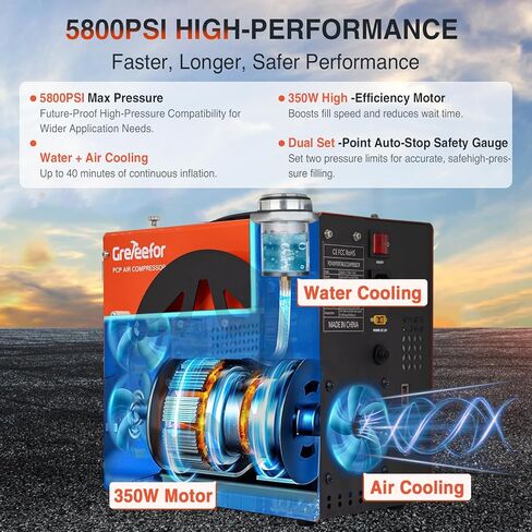 PCP Air Compressor, Max 5800 PSI / 40 MPa,350W High Pressure Portable Pump, Water & Air Cooling, Dual Auto-Stop Gauge, 12V DC & 110V AC, for Air Rifles, Paintball Tanks, HPA Cylinders, Orange in Kuwait