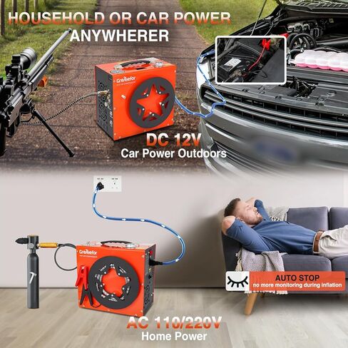 PCP Air Compressor, Max 5800 PSI / 40 MPa,350W High Pressure Portable Pump, Water & Air Cooling, Dual Auto-Stop Gauge, 12V DC & 110V AC, for Air Rifles, Paintball Tanks, HPA Cylinders, Orange in Kuwait