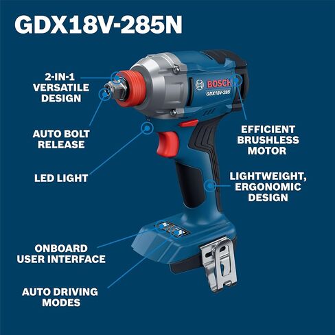 BOSCH GDX18V-285 18V مفتاح عزم دوران متوسط ​​بدون فرش 2 في 1 مفتاح ربط وسائق - عزم دوران 2500 رطل، عزم دوران منفصل 360 قدم-رطل، 0-3600 تأثير/دقيقة، خفيف الوزن 2.4 رطل (أداة عارية) in Kuwait