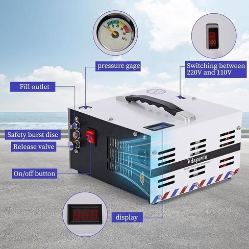 ضاغط هواء PCP، 4500 رطل لكل بوصة مربعة / 30 ميجاباسكال، طاقة مزدوجة 12 فولت تيار مستمر أو تيار متردد منزلي 120 فولت، ضاغط PCP، تضخم سريع لبنادق PCP الهوائية، كرات الطلاء، وأسطوانات الغوص، ضاغط عالي الضغط in Kuwait
