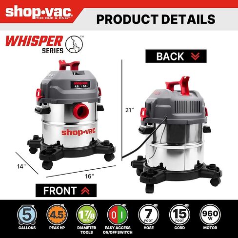 مكنسة Shop-Vac سعة 5 جالون فائقة الهدوء للرطب والجاف، مكنسة كهربائية رطبة/جافة بخزان من الفولاذ المقاوم للصدأ بقوة 4.5 حصان مع ملحقات، 1-7/8 بوصة. × خرطوم 7 قدم، سلك 15 قدم، مثالي لموقع العمل، المرآب، ورشة العمل والمنزل 5430542 in Kuwait