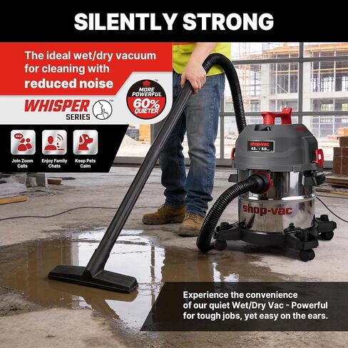 مكنسة Shop-Vac سعة 5 جالون فائقة الهدوء للرطب والجاف، مكنسة كهربائية رطبة/جافة بخزان من الفولاذ المقاوم للصدأ بقوة 4.5 حصان مع ملحقات، 1-7/8 بوصة. × خرطوم 7 قدم، سلك 15 قدم، مثالي لموقع العمل، المرآب، ورشة العمل والمنزل 5430542 in Kuwait