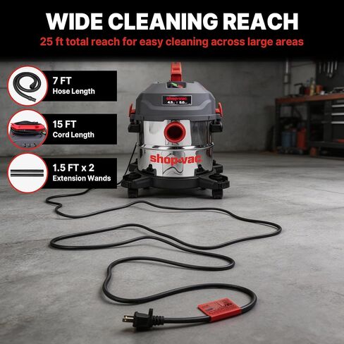 مكنسة Shop-Vac سعة 5 جالون فائقة الهدوء للرطب والجاف، مكنسة كهربائية رطبة/جافة بخزان من الفولاذ المقاوم للصدأ بقوة 4.5 حصان مع ملحقات، 1-7/8 بوصة. × خرطوم 7 قدم، سلك 15 قدم، مثالي لموقع العمل، المرآب، ورشة العمل والمنزل 5430542 in Kuwait