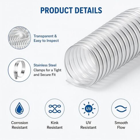 POOLTALE PVC Dust Collection Hose 4IN x 10FT, Puncture Resistant Flexible Clear Fume with Carbon Steel Wire Coil for dust collection systems, 1 Pack in Kuwait