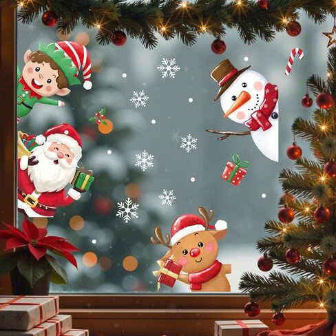 Mfault Christmas Snowman Window Clings, Xmas Snowflakes Snowballs Stickers Decals Decorations, Winter Holiday Gifts Peppermint Candy Cane Home Kitchen Decor in Saudi Arabia