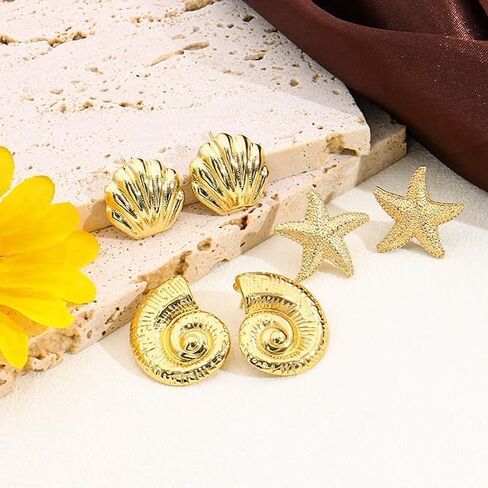 3 Pairs Beach Earrings for Women, 14K Gold Statement Earrings, Summer Ocean Jewelry Starfish Conch Seashell Stud Earring Set in Saudi Arabia