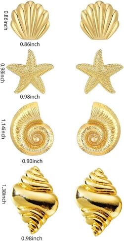 3 Pairs Beach Earrings for Women, 14K Gold Statement Earrings, Summer Ocean Jewelry Starfish Conch Seashell Stud Earring Set in Saudi Arabia