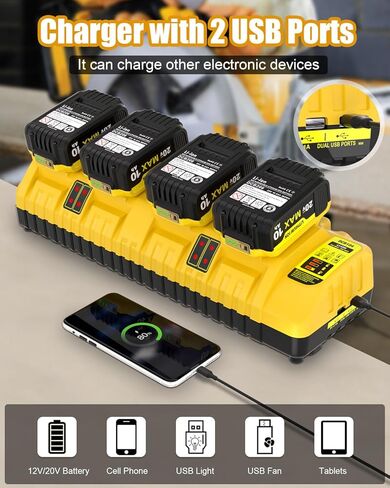 DCB104 4 منافذ استبدال شاحن سريع لمحطة شحن بطارية Dewalt 20V Max، مع منفذي USB، متوافق مع بطارية ليثيوم DeWalt 12V 20V 20V/60V DCB120 DCB204 DCB206 DCB208 DCB606 in Kuwait