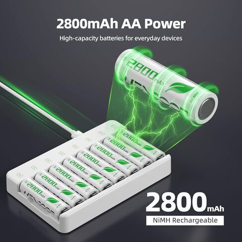 شاحن بطارية NiMH ذو 8 فتحات لبطاريات AA وAAA مع 8 بطاريات AA قابلة لإعادة الشحن بقدرة 2800 مللي أمبير في الساعة، ومدخل USB-C، ومؤشرات LED، وإيقاف الشحن التلقائي in Kuwait
