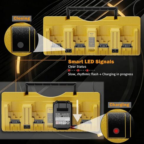 محطة شحن البطاريات المتعددة DCB104 | شاحن سريع بأربعة منافذ متوافق مع بطاريات DeWalt 12V/20V MAX و60V MAX Flex Lithium Ion Baterías (DCB120، DCB203، DCB205، DCB206، DCB609) وCargador Carga Rapida in Kuwait