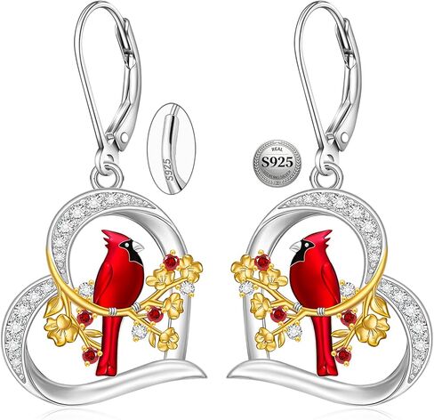 Cardinal Earrings for Women Sterling Silver Heart Red Cardinal Earrings Dangle Leverback Christmas Gifts in Saudi Arabia