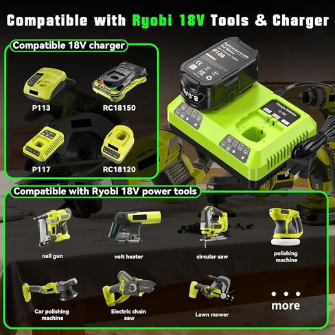 Bonacell 2packs ترقية 8.0Ah استبدال لبطارية Ryobi 18V ومجموعة الشاحن المزدوج المتوافقة مع بطارية ليثيوم Ryobi 18 فولت ONE Plus P103 P104 P105 P107 P109 P190 P191 P122 in Kuwait