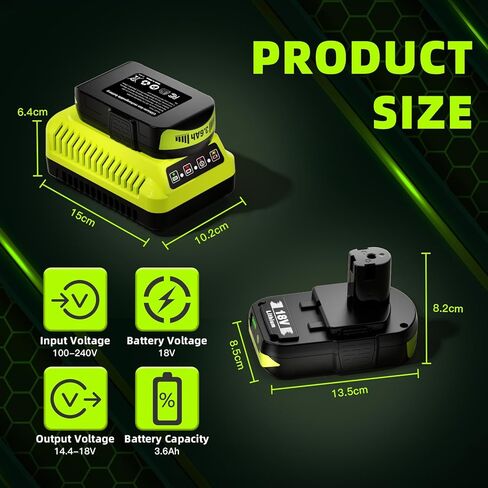 2 حزمة 3600 مللي أمبير في الساعة لمجموعة بطارية وشاحن Ryobi 18 فولت، بديل لبطارية وشاحن Ryobi 18 فولت، متوافق مع بطارية ليثيوم أيون Ryobi 18 فولت P102 P103 P104 P105 P107 P108 P109 P122 in Kuwait