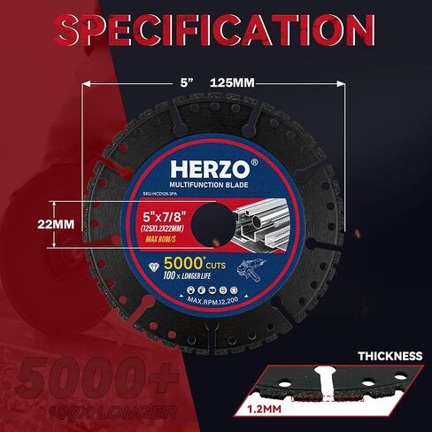 HERZO Diamond Cutting Wheel 5" x 7/8 Inch for Metal, Carbide Cut Off Wheels with 5000+ Cuts on Rebar, Steel, Iron and INOX-3 Pack in Saudi Arabia