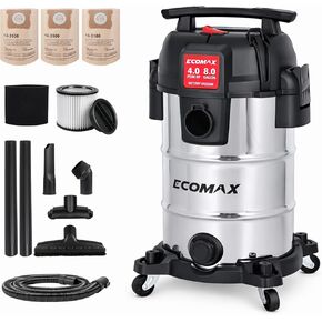 ECOMAX 8 Gallon Ultra-Quiet Shop Vacuum Wet and Dry, Stainless Steel Shop Vac with 80% Noise Reduction, 3X Longer Motor Life, 4 Peak HP Suction, Complete Accessory Kit for Garage, Workshop & Home in Kuwait