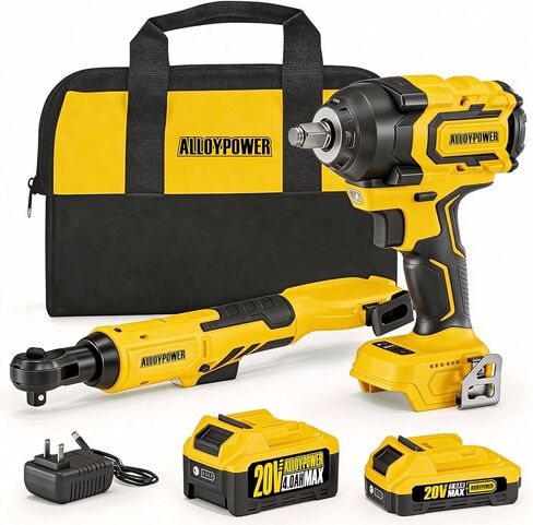 مفتاح ربط 1/2 بوصة بدون فرش 516 قدمًا (700 نيوتن متر) و3/8 بوصة مفتاح ربط بسقاطة لاسلكي 44 قدمًا (60 نيوتن متر)، مجموعة مفاتيح ربط 20 فولت، مع سرعة متغيرة، ضوء LED، بطارية 4.0 أمبير و2.0 أمبير، شاحن in Kuwait